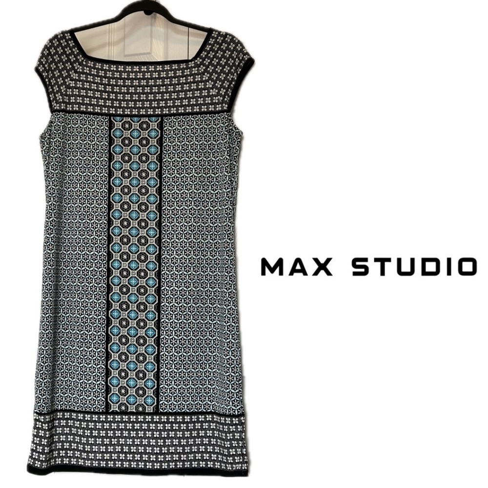 Max Studio Sheath Dress Tile Print Stretch Jersey Square Neck Cap Sleeve Size M